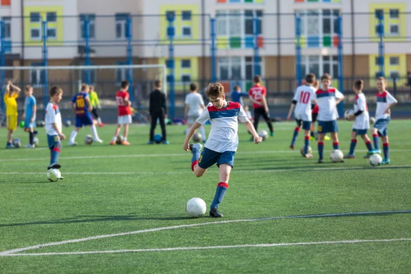 かわいい男の子サッカー サッカーを楽しんで幸せな子 子供の活動 小さなサッカー選手 夏のフィールド トレーニング — ストック写真