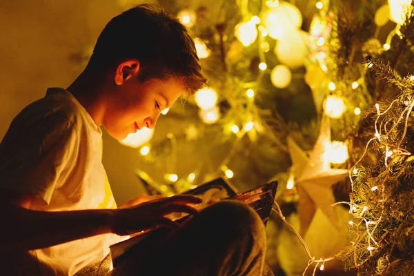 cute young boy in white t shirt reads book at the evening at home in front of fir tree with lights. Winter holidays, New year and Christmas celebration concept.