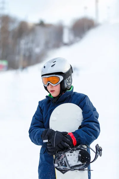 Ritratto Carino Giovane Ragazzo Giacca Blu Casco Grigio Googles Arancione — Foto Stock