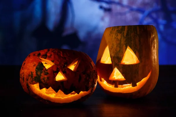 orange pumpkins with scary faces and candles lies on the table in front of dark blue background. Halloween celebration concept