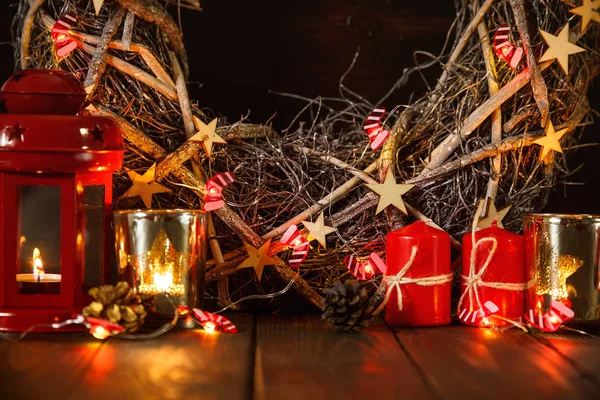 Red Lantern Candle Rustic Wreath Wooden Background Traditional Christmas New — Stock Photo, Image