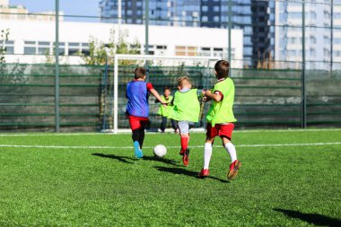 çocuklar içinde kırmızı ve mavi, yeşil üniformalar yeşil çimenlerin üzerinde futbol takımı ile oynamak. Takım oyunu, eğitim, aktif yaşam tarzı, hobi, spor çocuklar konsepti için