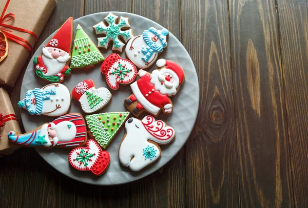 Χριστουγέννων Cookies Μελόψωμο Σπιτικό Μπαχαρικά Σκούρο Φόντο Κάτοψη Διακοπές Γιορτή — Φωτογραφία Αρχείου