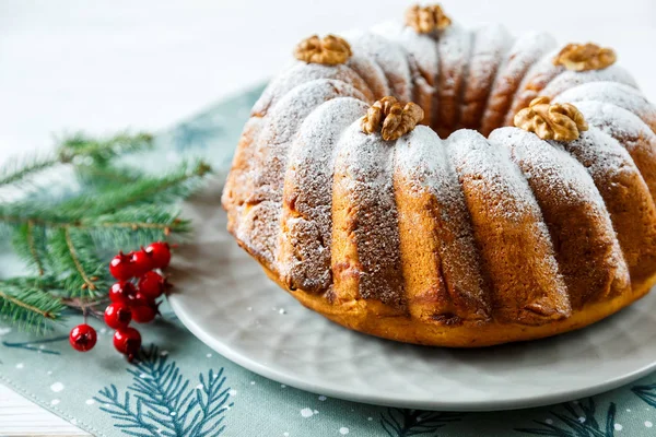 Noel için geleneksel meyveli kek pudra şekeri ve taze berry, üstten görünüm ile dekore edilmiştir. Delicioius ev yapımı hamur işi. Noel ve yeni yıl kutlama kavramı