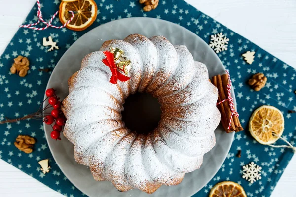 Pastel Frutas Tradicional Para Navidad Decorado Con Azúcar Polvo Baya —  Fotos de Stock