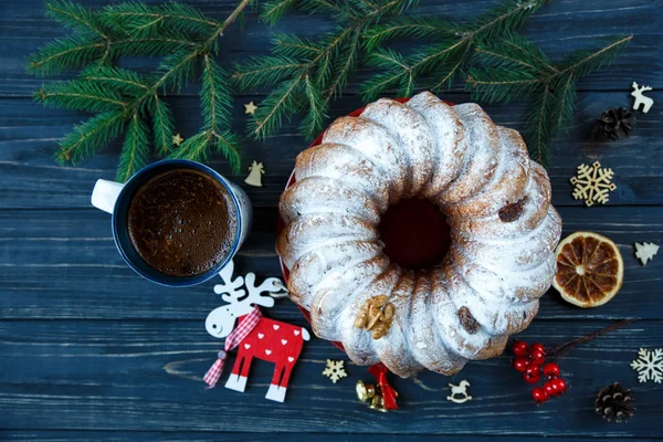 Традиционный Фруктовый Торт Рождество Украшен Сахарной Пудрой Орехами Изюмом Чашкой — стоковое фото