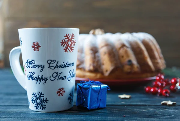 Traditional Fruitcake Christmas Decorated Powdered Sugar Nuts Raisins Cup Coffee — Stock Photo, Image