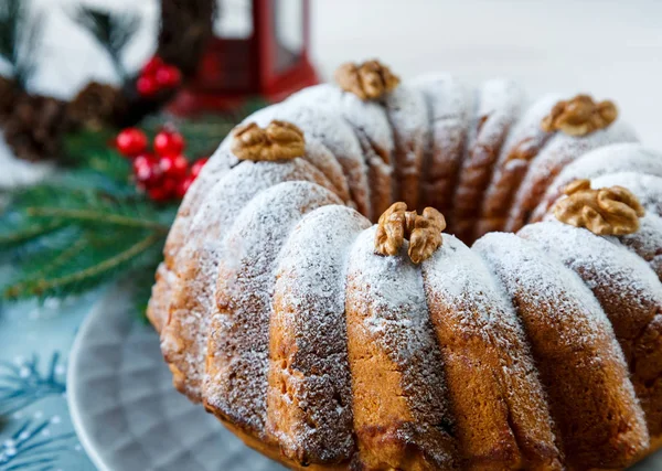 Tradycyjne Fruitcake Boże Narodzenie Urządzone Cukrem Pudrem Orzechy Rodzynki Delicioius — Zdjęcie stockowe