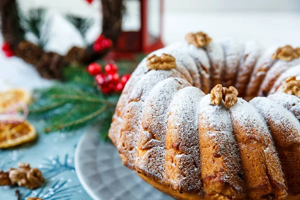 Traditional Fruitcake Christmas Decorated Powdered Sugar Nuts Raisins Delicioius Homemade — Stock Photo, Image