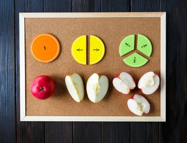 Colorful Math Fractions Apples Sample Brown Wooden Background Table Interesting — Stock Photo, Image