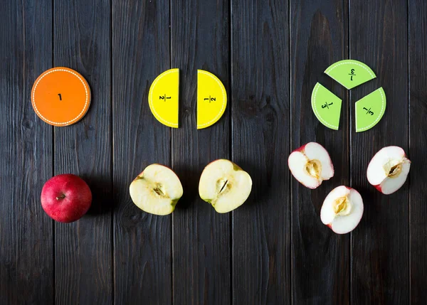 Colorful Math Fractions Apples Sample Brown Wooden Background Table Interesting — Stock Photo, Image