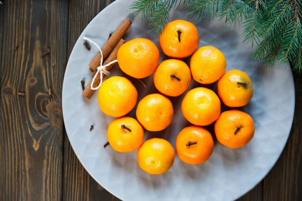 Ripe Mandarine Leaves Tangerine Orange Wooden Table Background Citrus Fruits — Stock Photo, Image
