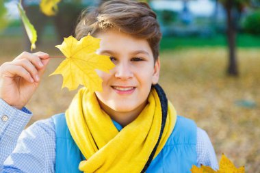 Çocuk buket sarı bej sepet eline düşen yapraklar arka plan üzerinde bırakır tutar. Sonbahar ruh hali güzel bir gün. Natürmort altın sonbaharda. Parlak sonbahar resim.  