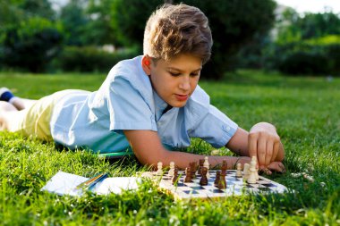  mavi gömlekli sevimli çocuk parkta çim üzerinde oturur ve ahşap satranç satranç oynar. Hobi, eğitim, entelektüel oyun kavramını