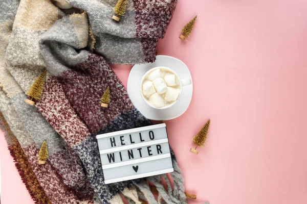 Warm Cozy Winter Clothing Scarf Lightbox Cup Coffee White Marshmallow — Stock Photo, Image