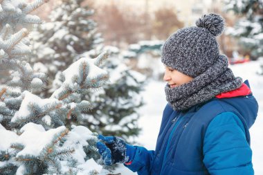 mavi ceketli genç yakışıklı kar ile oynar, eğlenir, gülümsüyor. Genç mavi çam ağacı Kar brunces kış Park ile görünüyor. Aktif yaşam tarzı, Kış etkinliği, Açık Kış oyunları