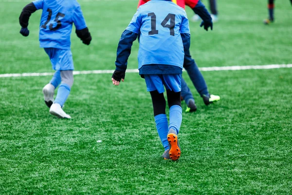 Boys  in red and blue sportswear plays soccer on green grass field. Youth football game. Children sport competition, kids plays outdoor, winter activities, training