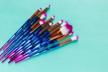 Pastel yeşil zemin üzerine çeşitli profesyonel moda mor mor metalik makyaj fırça seti. Düz yatıyordu, en iyi görünüm. Makyaj, moda arka plan için aksesuarlar,  