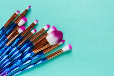 Pastel yeşil zemin üzerine çeşitli profesyonel moda mor mor metalik makyaj fırça seti. Düz yatıyordu, en iyi görünüm. Makyaj, moda arka plan için aksesuarlar,  