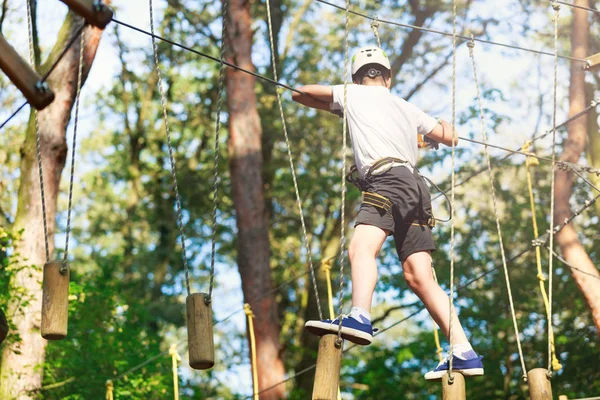 Cheerful Cute Young Boy White Shirt White Helmet Adventure Rope — Stock Photo, Image