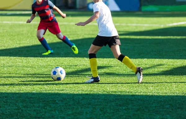 Boys Red White Sportswear Running Soccer Field Young Footballers Dribble — Stock Photo, Image