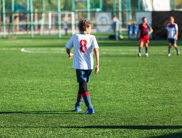 Football Training Soccer Kids Boy Runs Kicks Dribbles Soccer Balls — Stock Photo, Image