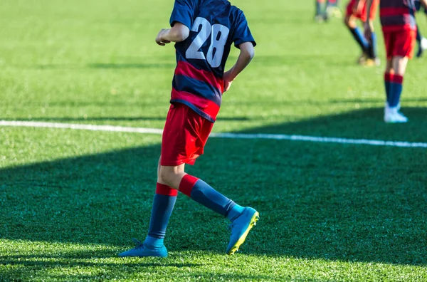 Football Training Soccer Kids Boy Runs Kicks Dribbles Soccer Balls — Stock Photo, Image
