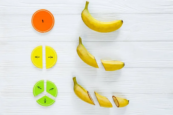 Colorful Math Fractions Bananas Sample White Wooden Background Table Interesting — Stock Photo, Image