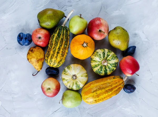 灰色の背景に野菜や果物の感謝祭の日の構成 秋の収穫コンセプト カボチャ プラム テーブルの上のリンゴ トップビュー テキストのための空きスペース — ストック写真