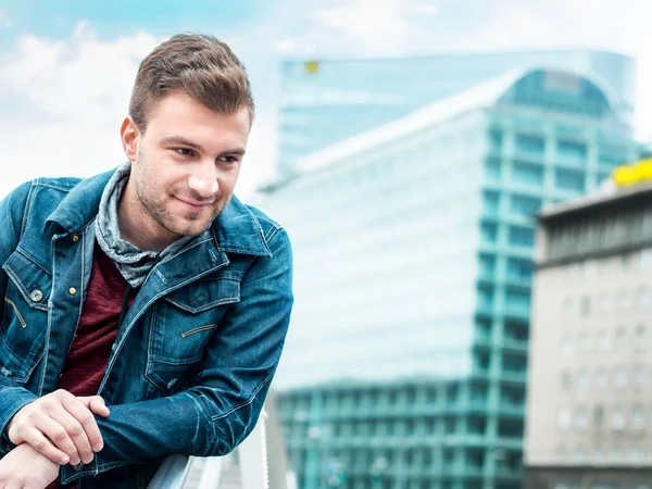 Young Handsome Man Lookig Gorgeous Guy Posing Front Modern Buildings — Stock Photo, Image