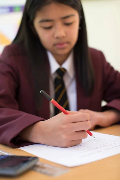 Female Pupil Uniform Taking Multiple Choice Examination Paper — Stock Photo, Image