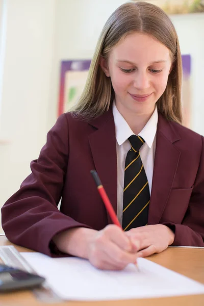 Female High School Pupil Uniform Taking Multiple Choice Examination Paper — Stock Photo, Image