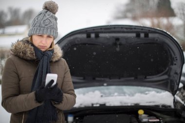 Female Motorist Broken Down In Snow Calling For Roadside Assistance On Mobile Phone clipart