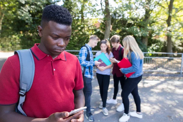 Unhappy Teenage Boy Being Bullied Text Message School — Stock Photo, Image