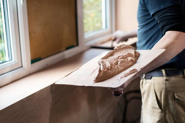 Close Plasterer Plastering Room House — Stock Photo, Image