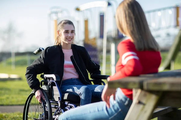 Park arkadaşıyla konuşurken tekerlekli sandalyede genç kız — Stok fotoğraf