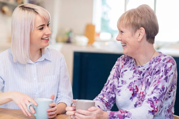 Young Woman Taking Time To Visit Senior Female Neighbor And Talk — Stock Photo, Image