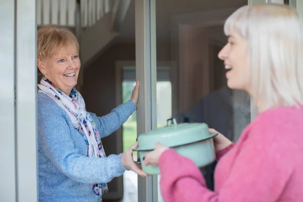 Younger Woman Bringing Meal For Elderly Neighbour At Home — Stock Photo, Image