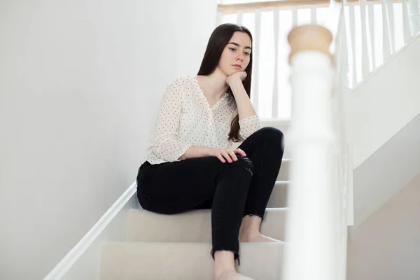 Fed Teenage Girl Sitting Stairs Home — Stock Photo, Image