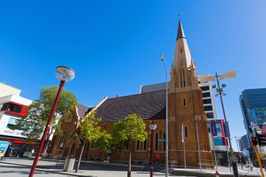 Perth, Avustralya - Şubat 2018: Dış Wesley kilise, bir birleştirici Kilisesi Perth City, Batı Avustralya üzerinde 24 Şubat 2018. William ve saman sokak üzerinde bulunan
