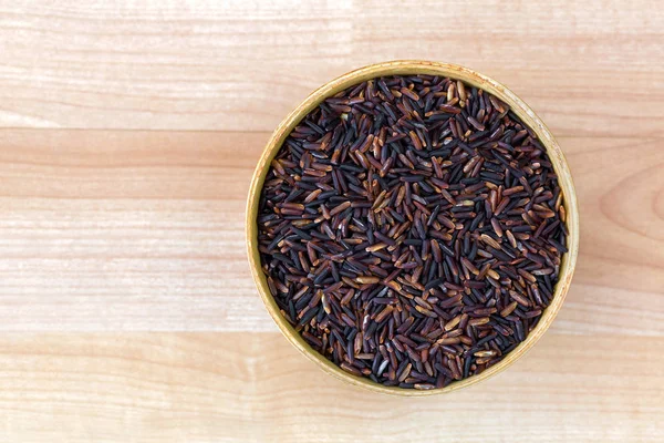 Thai Organic Black Fragrant Rice Wooden Bowl Wood Background Top — Stock Photo, Image