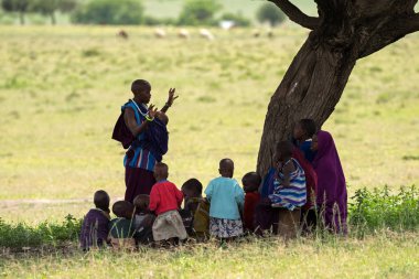 Tanzanya, Doğu Afrika - Nisan 2018: Masai kadın, kadın öğretmen öğretim akasya ağacının altında gölge açık okul olarak 13 Nisan 2018 üzerinde Tanzanya, Doğu Afrika oturan genç Afrikalı çocuklar