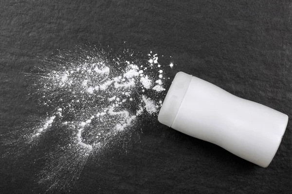 Bottle Talcum Baby Powder Dark Stone Background Powder Spilled White — Stock Photo, Image