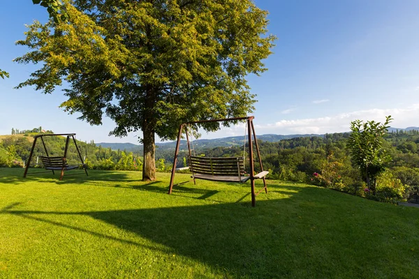 Varanda Madeira Balançar Jardim Com Vista Para Vinha Áustria Verão — Fotografia de Stock