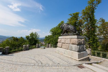 Graz, Avusturya, Avrupa Schlossberg Kalesi Tepesi üstüne HACKHER aslan heykeli