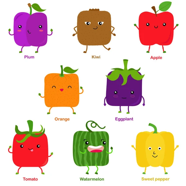 Cute Vector Square Shaped Smiling Fruit Vegetable Happy Face Plum — Stock Vector