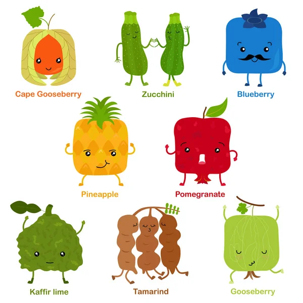 미소짓는 과일의 귀여운 얼굴을 채소밭 케이프 블루베리 카피르 타마린드 배경에 — 스톡 벡터