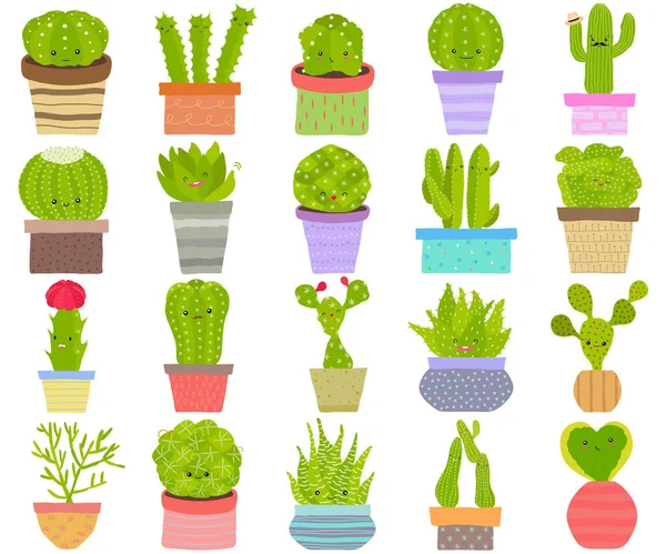 Vektorová Sada Kaktusových Kaktusíků Aloe Šťavnatých Rostlin Obličejem Hrnci Kolekce — Stockový vektor