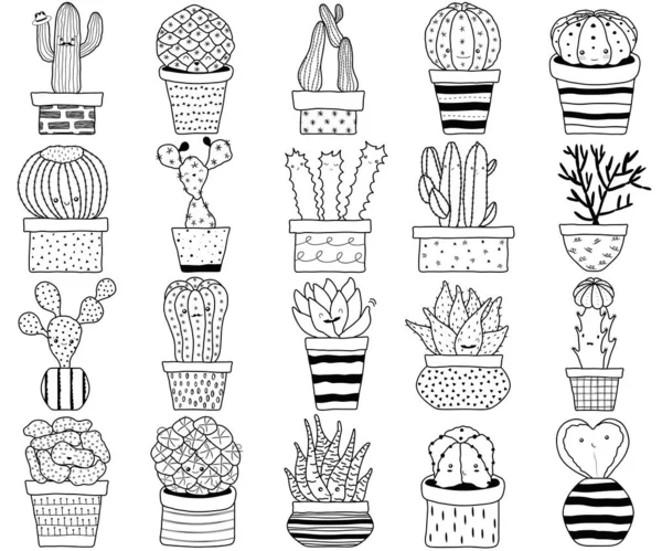 Vektorová Sada Kaktusových Kaktusíků Aloe Šťavnatých Rostlin Obličejem Hrnci Kolekce — Stockový vektor