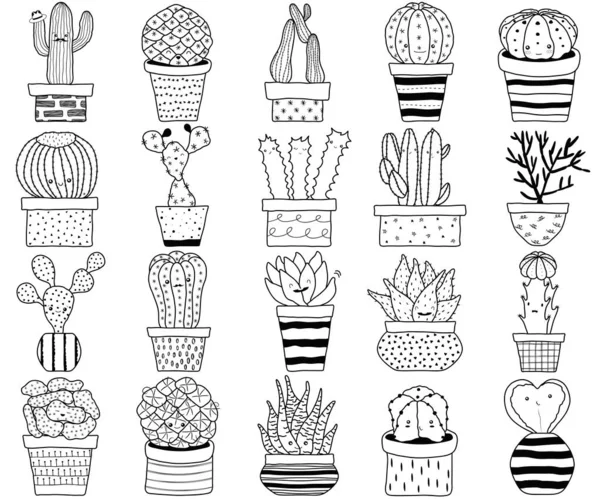 세트의 선인장 알로에 얼굴을 냄비에 말이죠 두들검은 이색적 하우스 플랜트 — 스톡 벡터